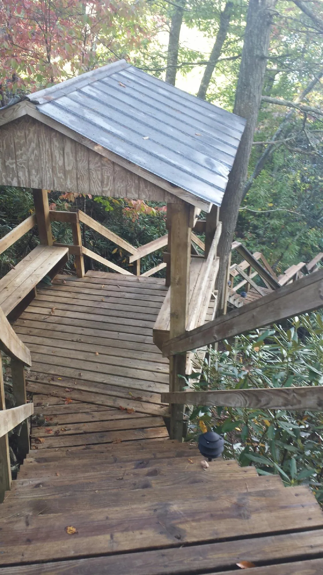 Metal roofed shelter over wooden steps on a wooded walkway — Skylight Repair & Installation work by our crew in Mifflintown